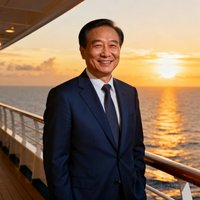 一位约50岁的中国男性企业家肖像，穿着深蓝色西装，面带微笑站在邮轮甲板栏杆旁，背景是加勒比海日落